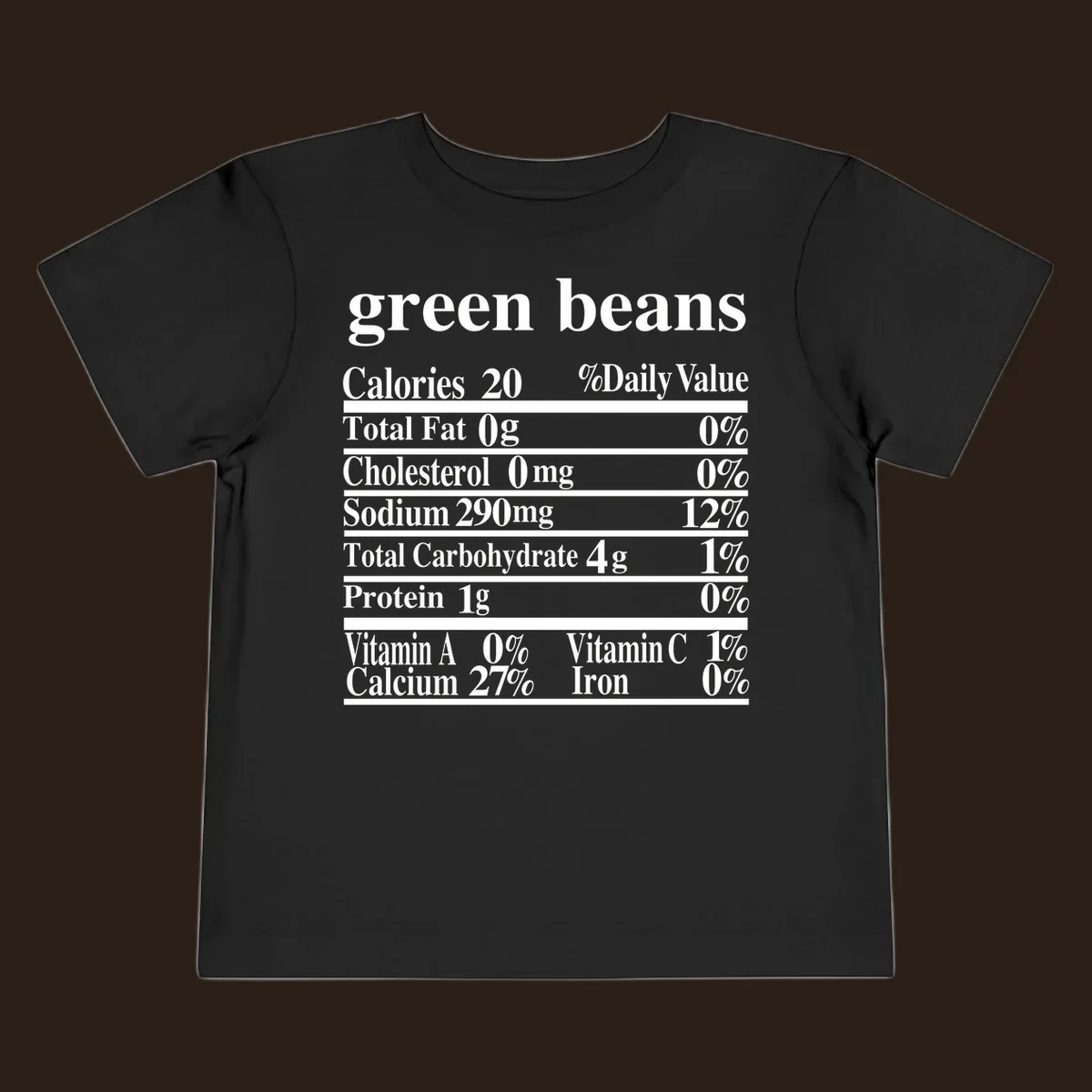 Green beans nutrition facts label with white text on a black background.