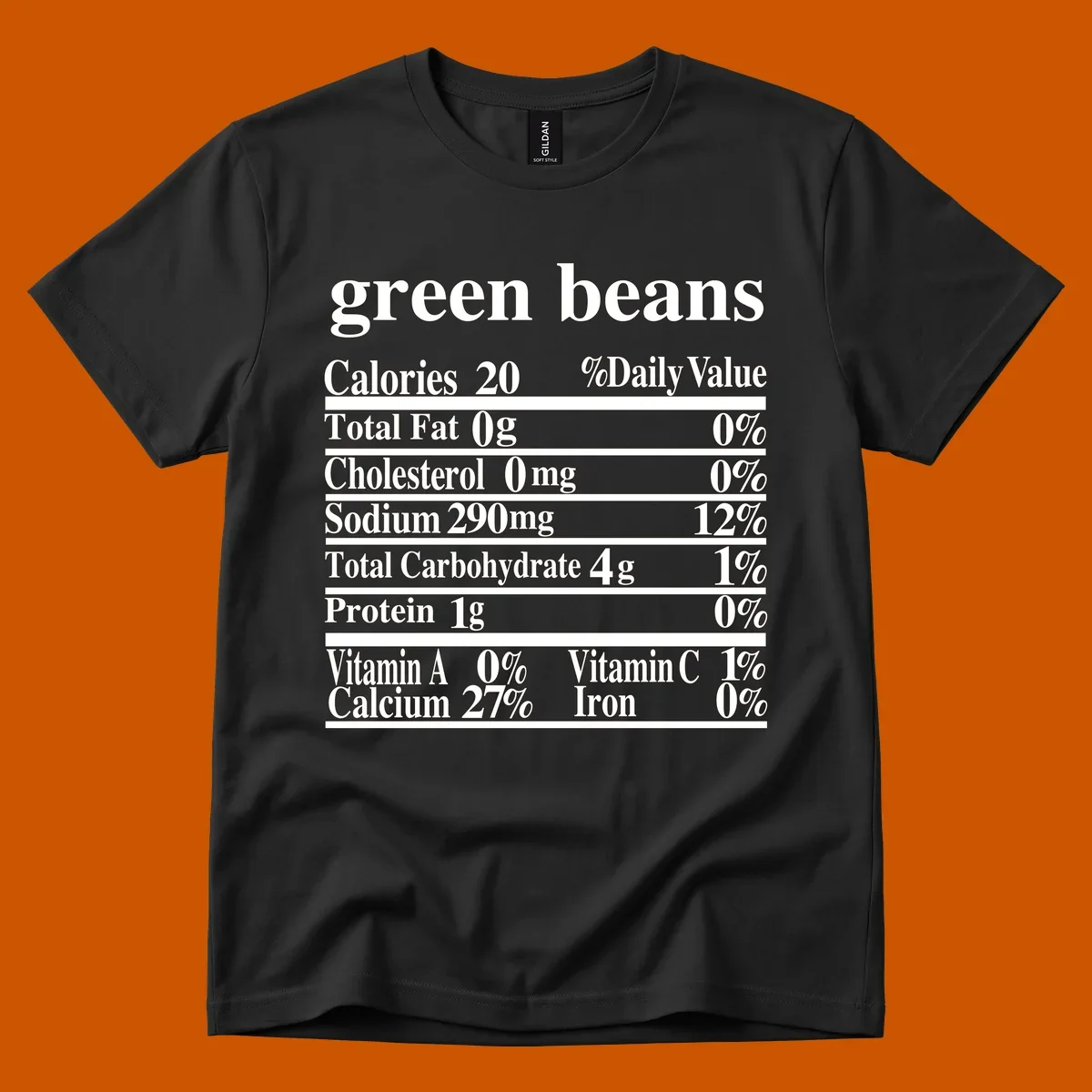 Green beans nutrition facts label with white text on a black background.