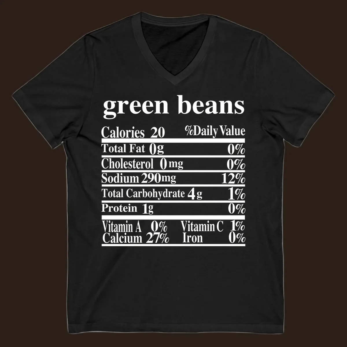 Green beans nutrition facts label with white text on a black background.