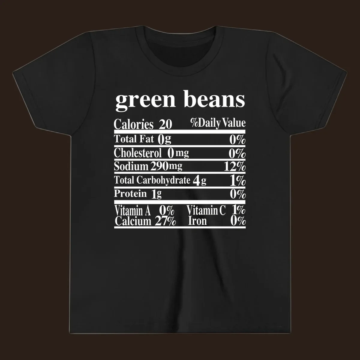 Green beans nutrition facts label with white text on a black background.