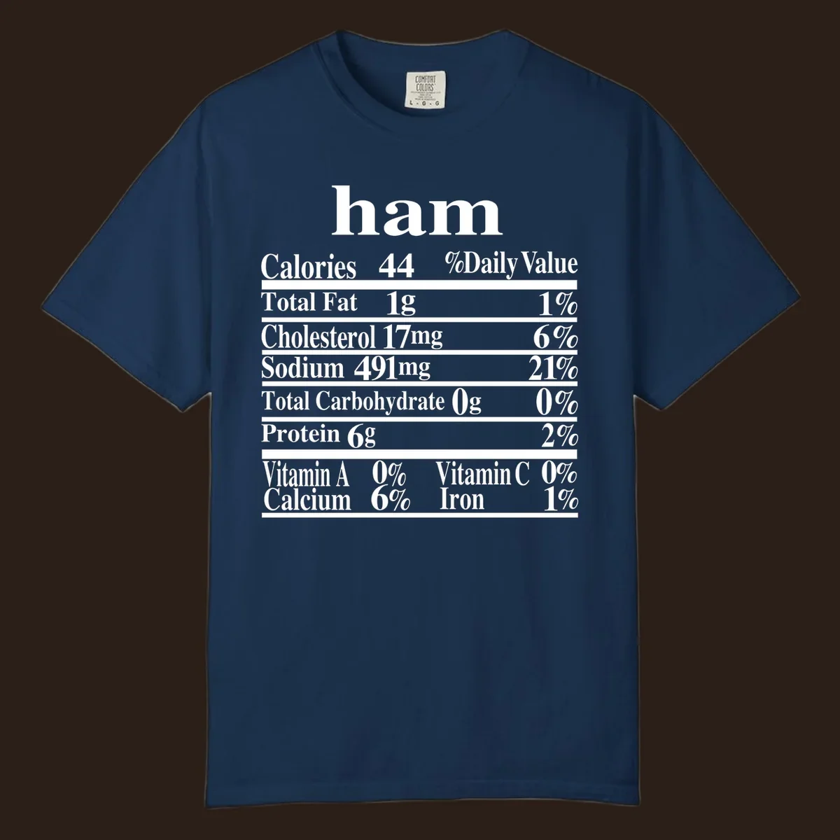 Ham nutrition label design with calories, fat, cholesterol, sodium, protein, vitamins and iron.
