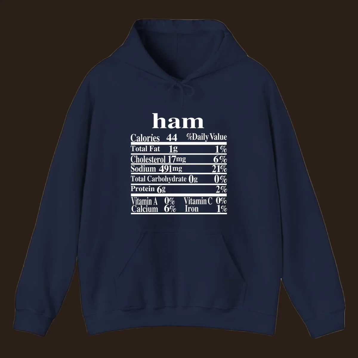 Ham nutrition label design with calories, fat, cholesterol, sodium, protein, vitamins and iron.