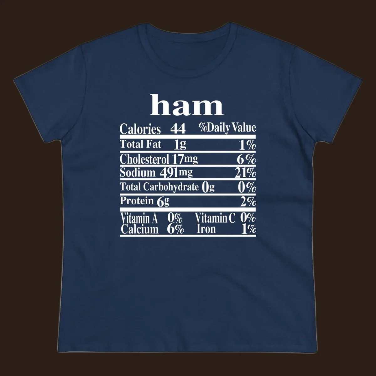 Ham nutrition label design with calories, fat, cholesterol, sodium, protein, vitamins and iron.