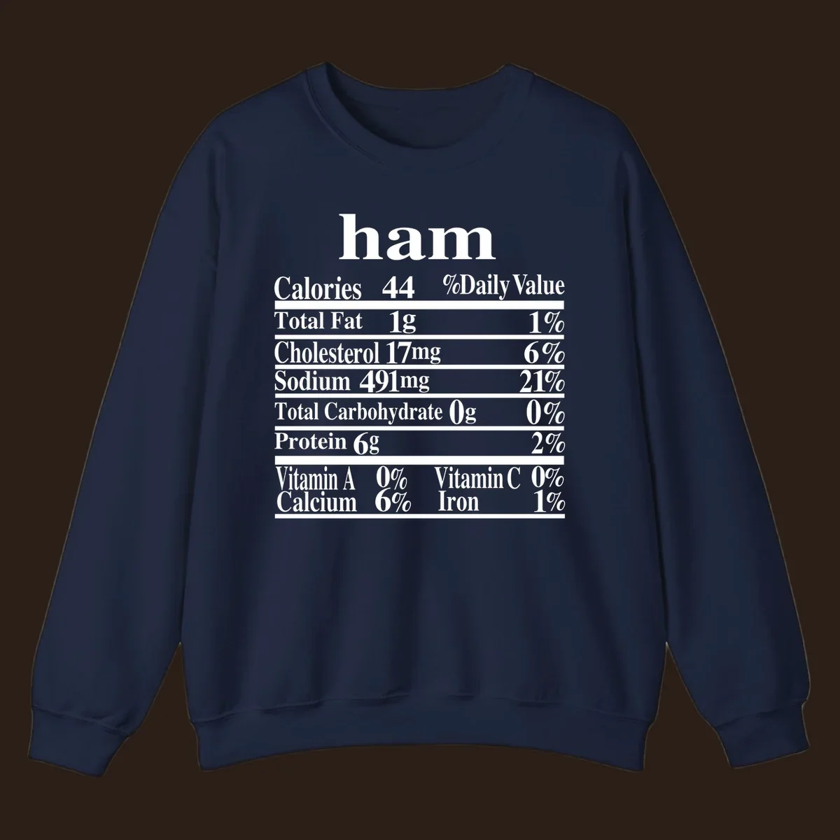 Ham nutrition label design with calories, fat, cholesterol, sodium, protein, vitamins and iron.