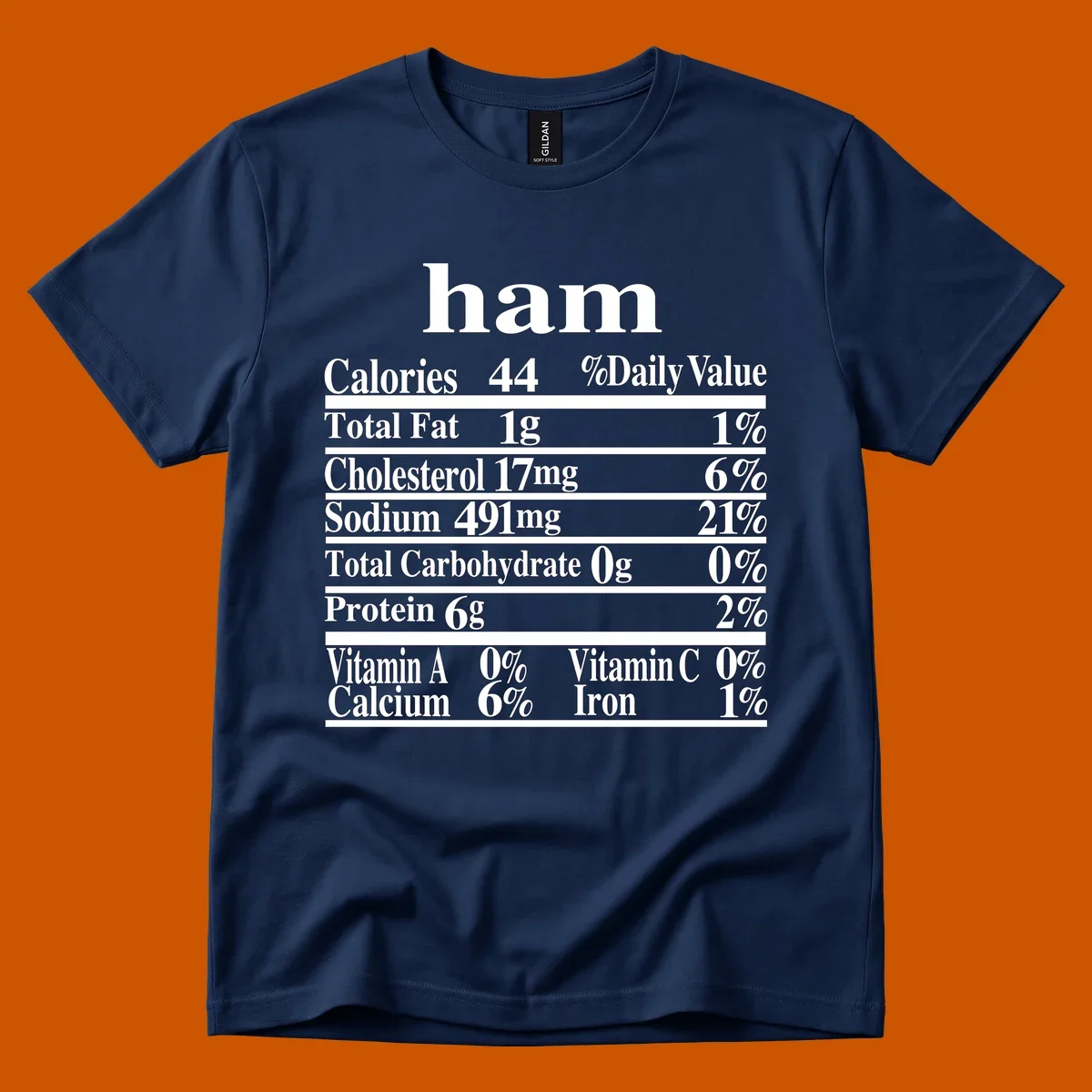 Ham nutrition label design with calories, fat, cholesterol, sodium, protein, vitamins and iron.
