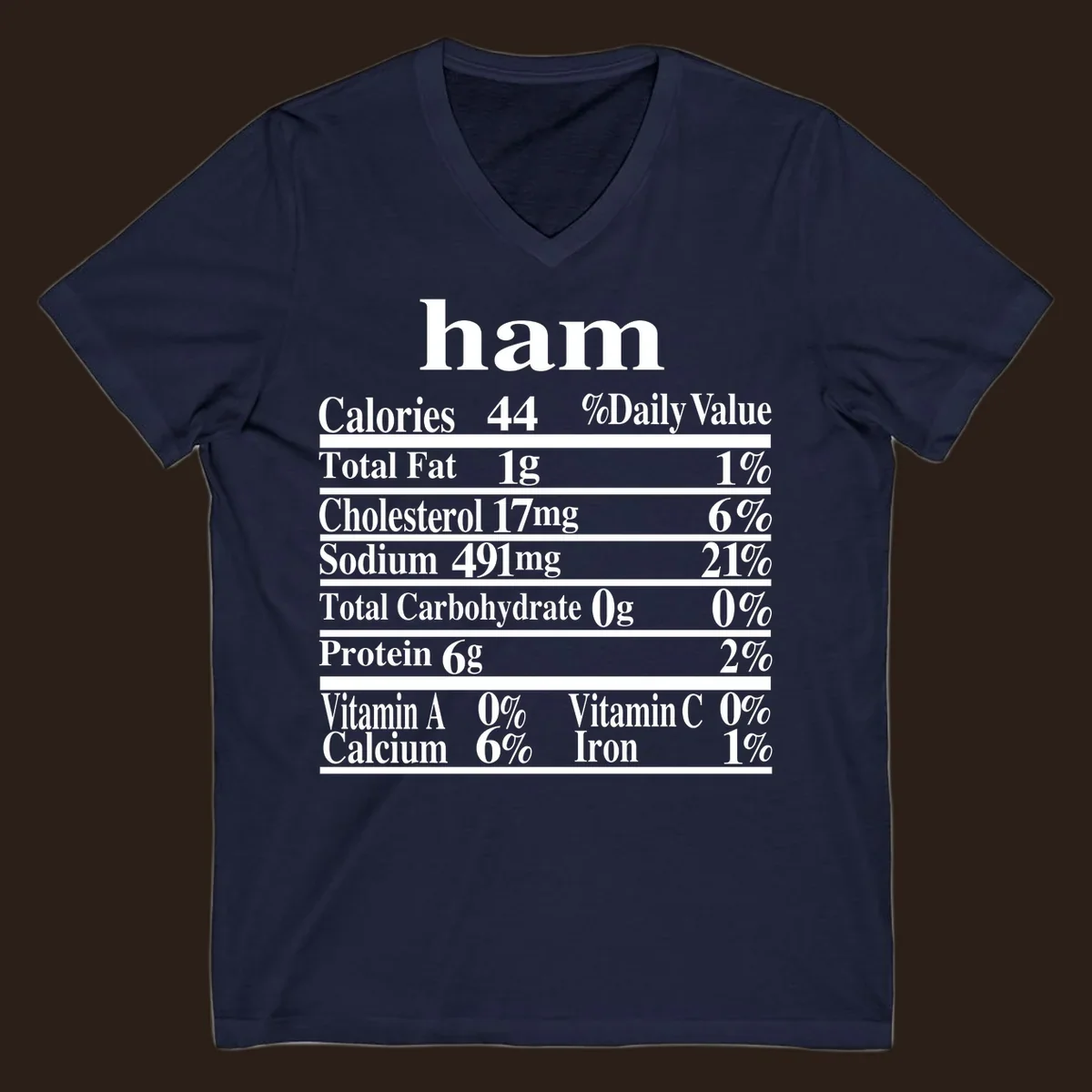 Ham nutrition label design with calories, fat, cholesterol, sodium, protein, vitamins and iron.