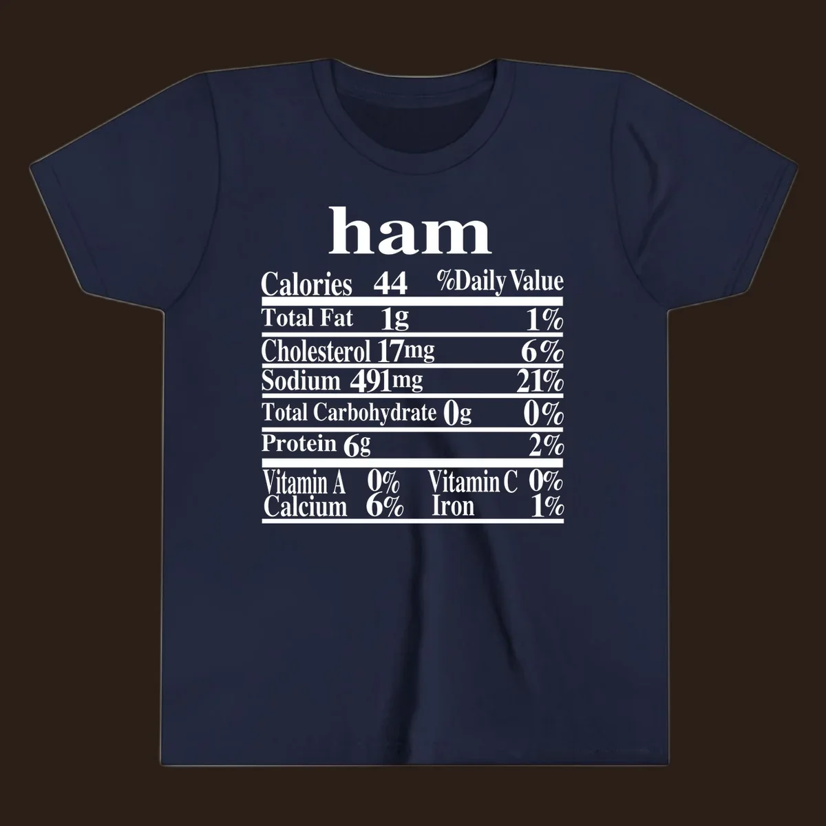 Ham nutrition label design with calories, fat, cholesterol, sodium, protein, vitamins and iron.