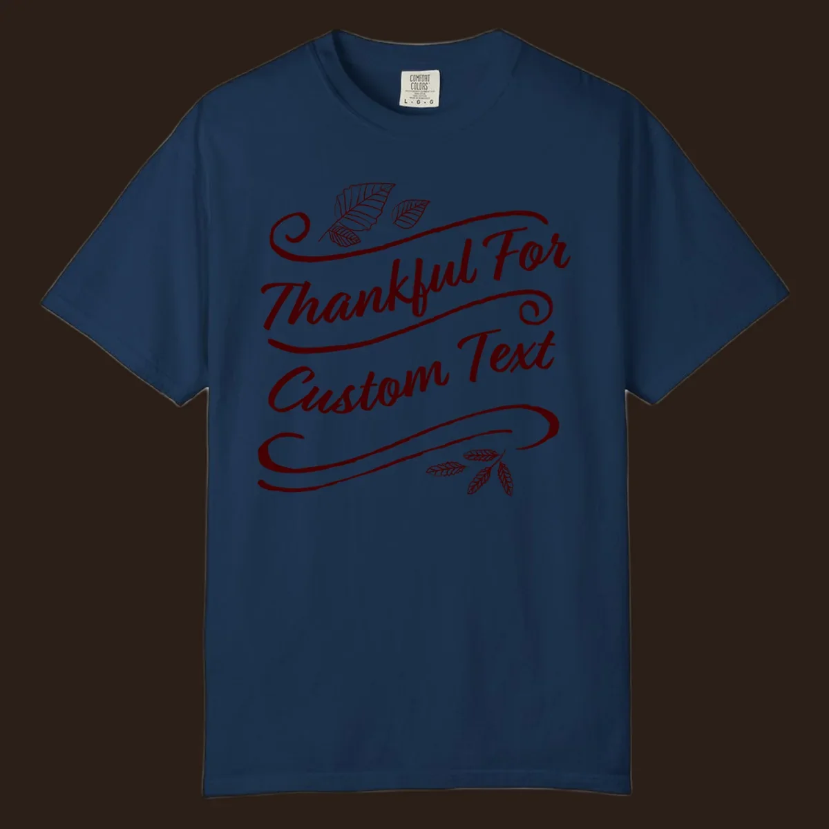 Custom Thanksgiving text with leaves and swirls, dark red on black or white.