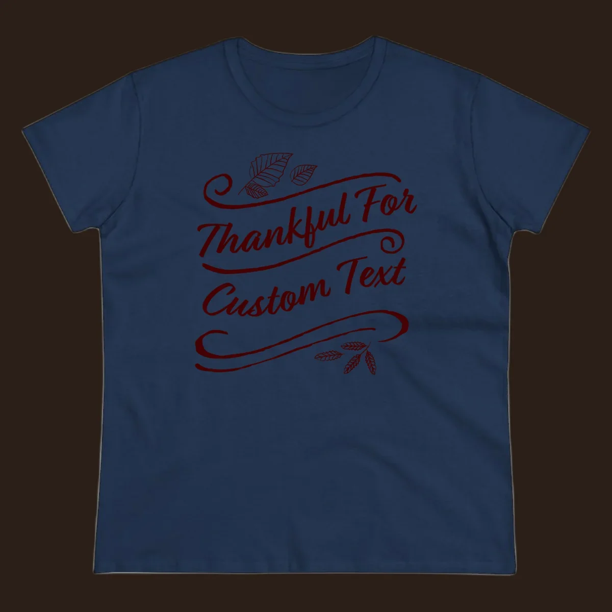 Custom Thanksgiving text with leaves and swirls, dark red on black or white.