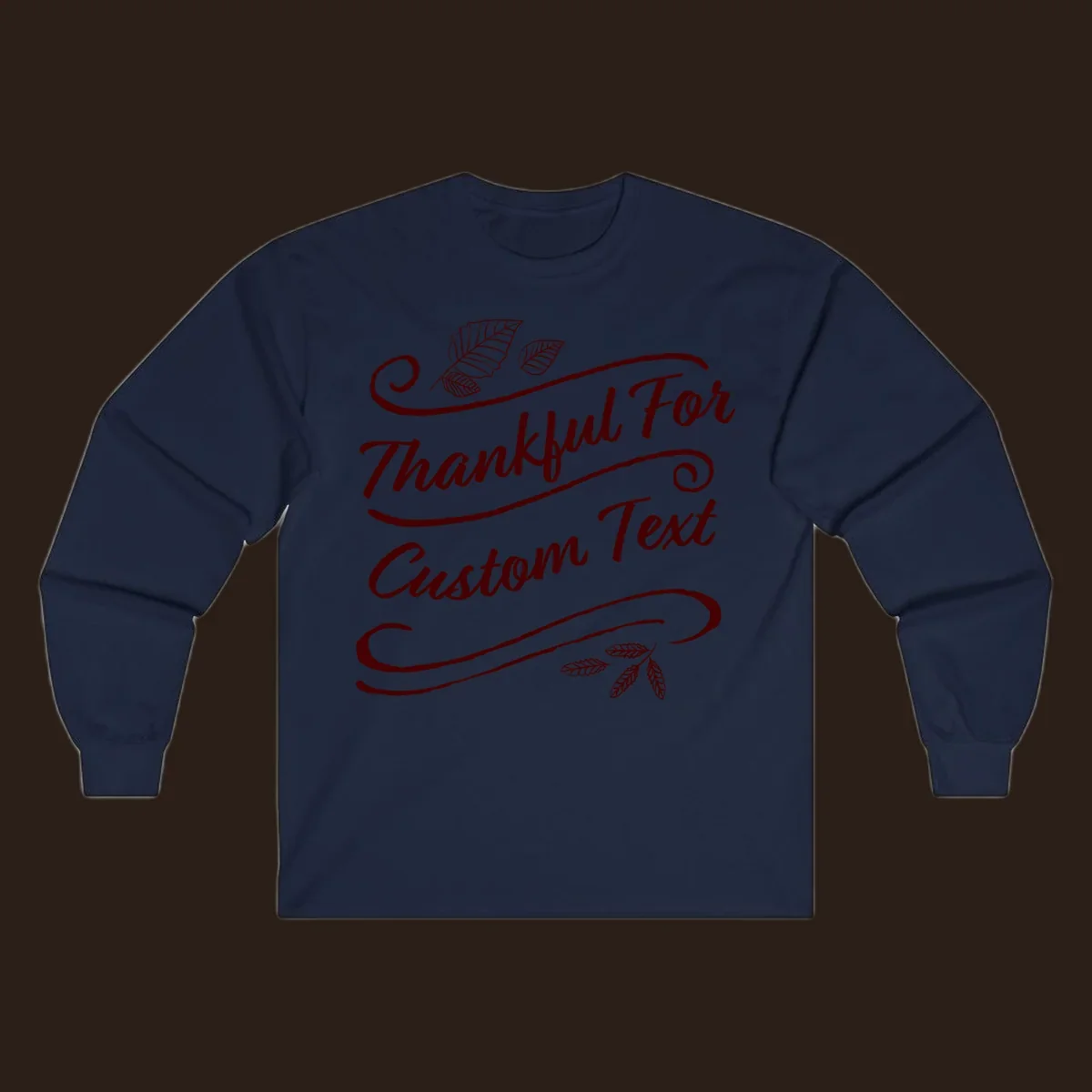 Custom Thanksgiving text with leaves and swirls, dark red on black or white.