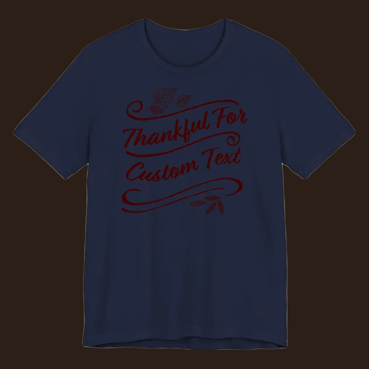 Custom Thanksgiving text with leaves and swirls, dark red on black or white.