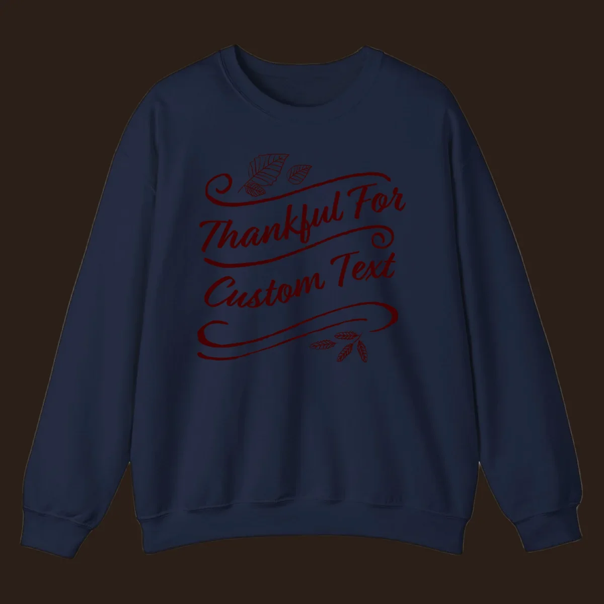 Custom Thanksgiving text with leaves and swirls, dark red on black or white.