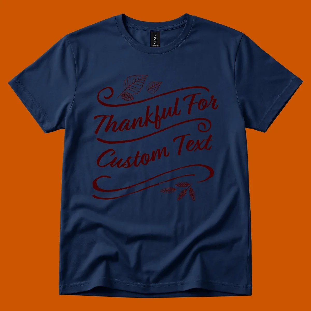 Custom Thanksgiving text with leaves and swirls, dark red on black or white.