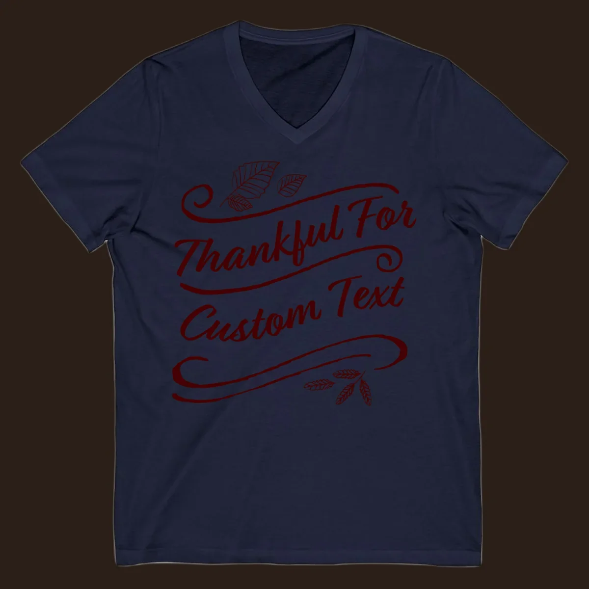 Custom Thanksgiving text with leaves and swirls, dark red on black or white.