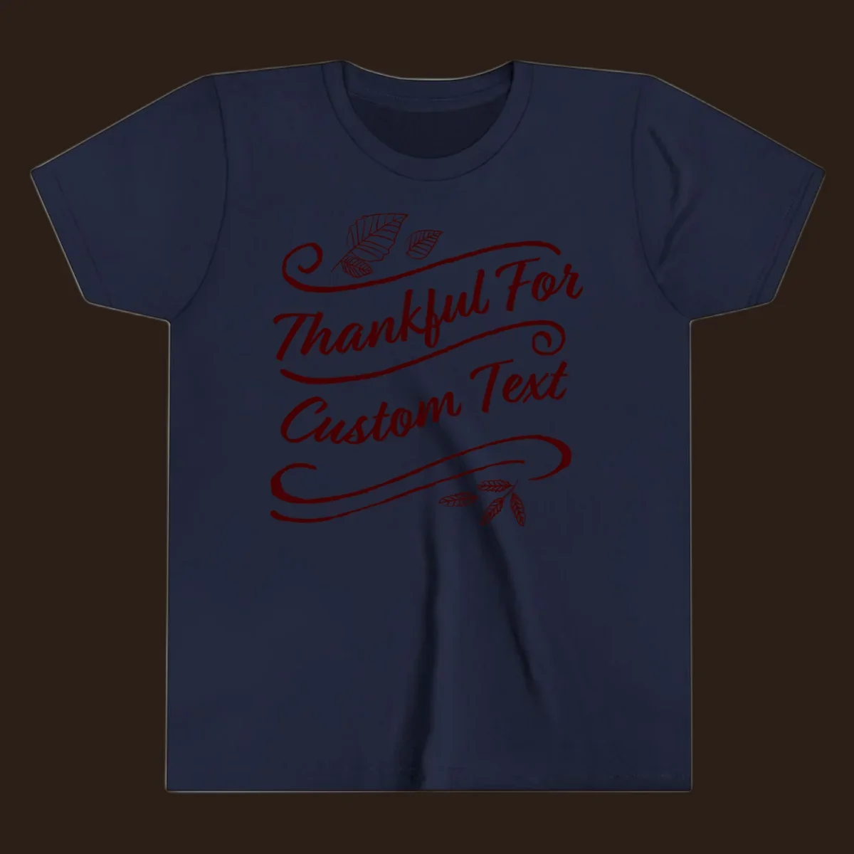 Custom Thanksgiving text with leaves and swirls, dark red on black or white.