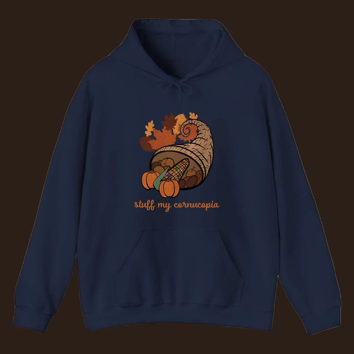Cornucopia overflowing with harvest food and autumn leaves, with text 'stuff my cornucopia'.