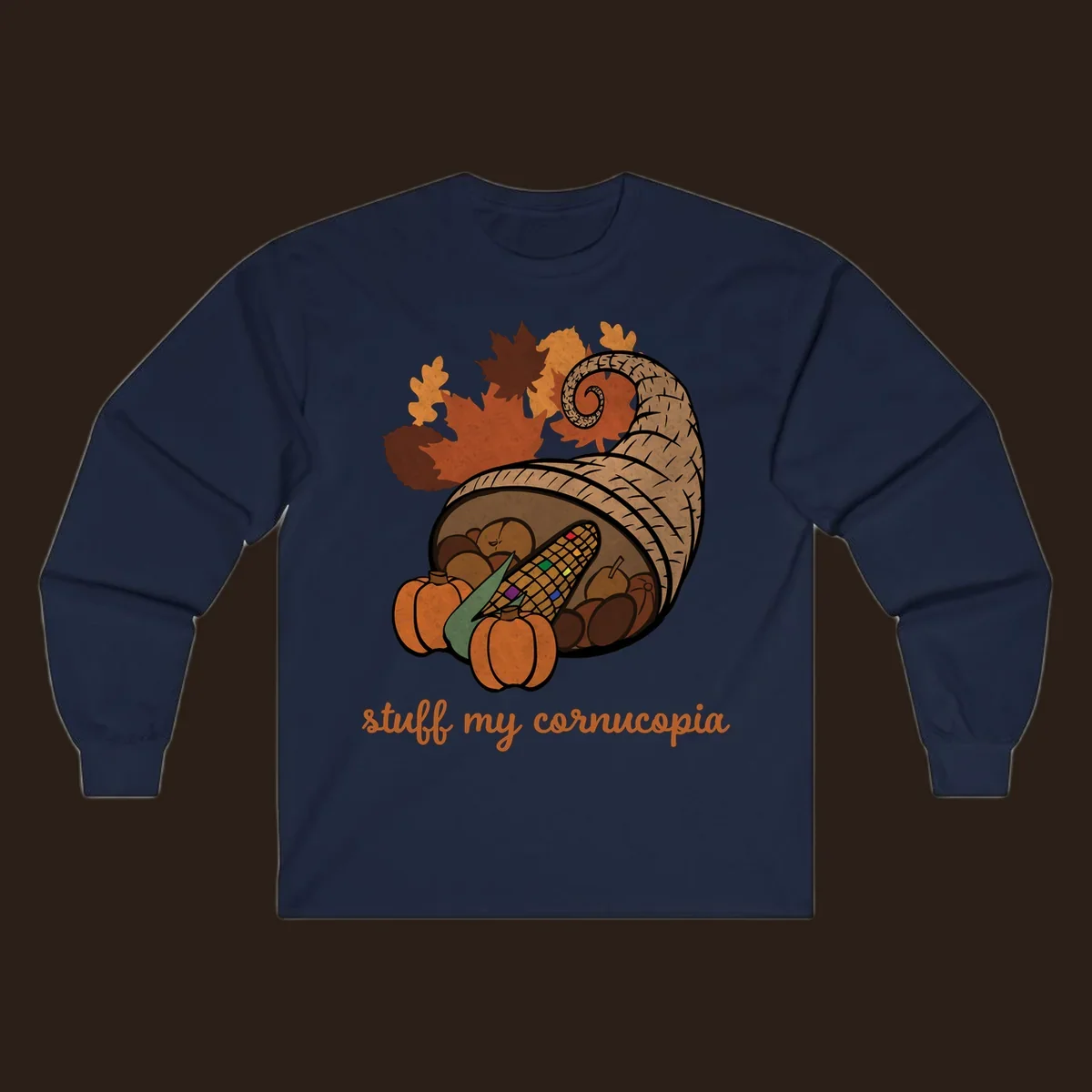 Cornucopia overflowing with harvest food and autumn leaves, with text 'stuff my cornucopia'.