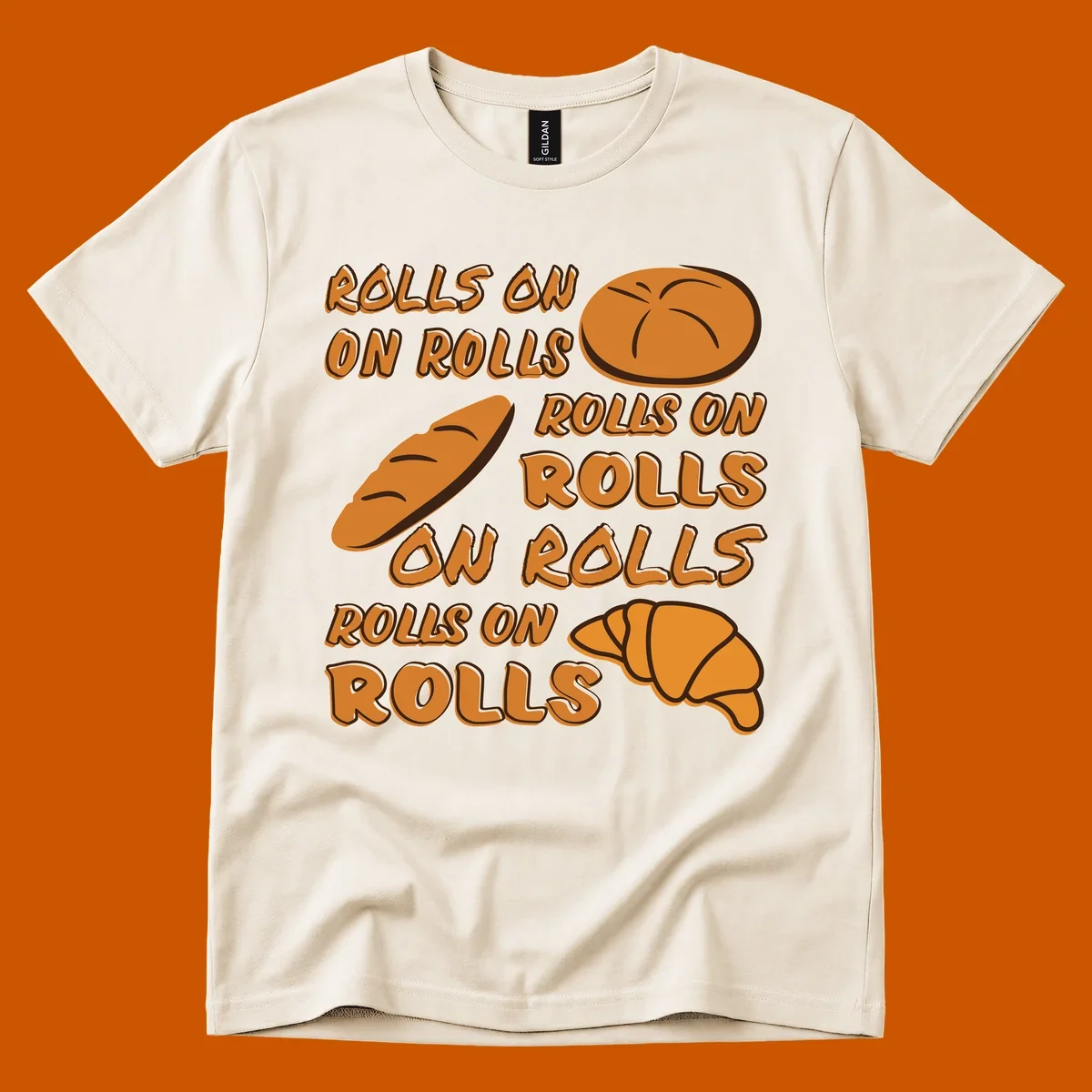 Rolls on rolls typography with bread illustrations. Funny baking pun.