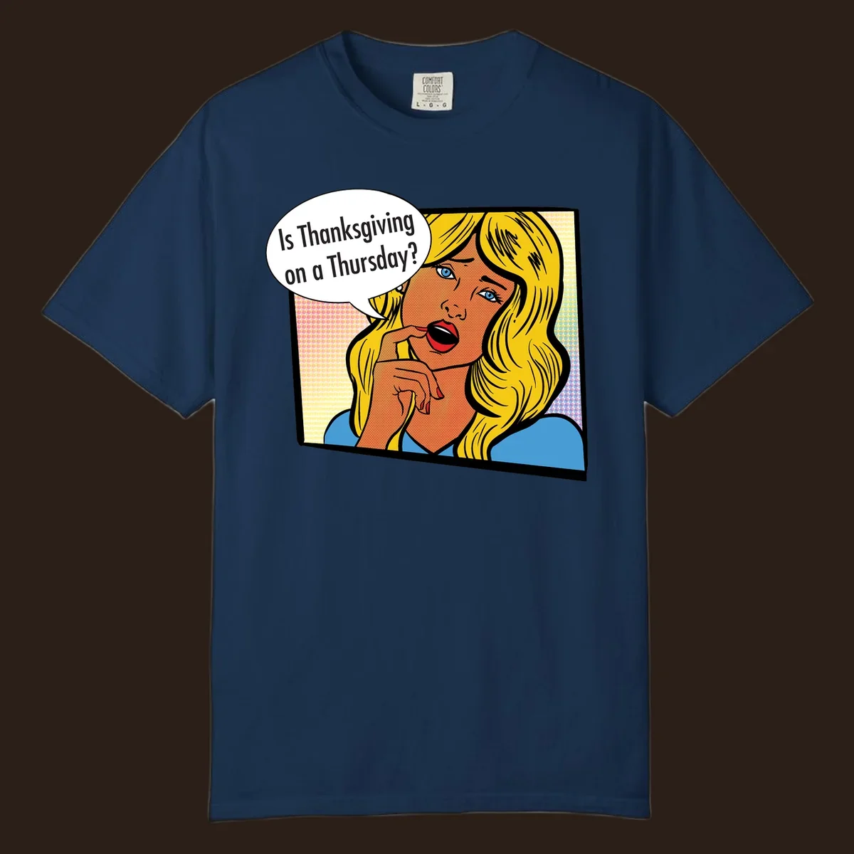 Pop art comic style woman asking 'Is Thanksgiving on a Thursday?'