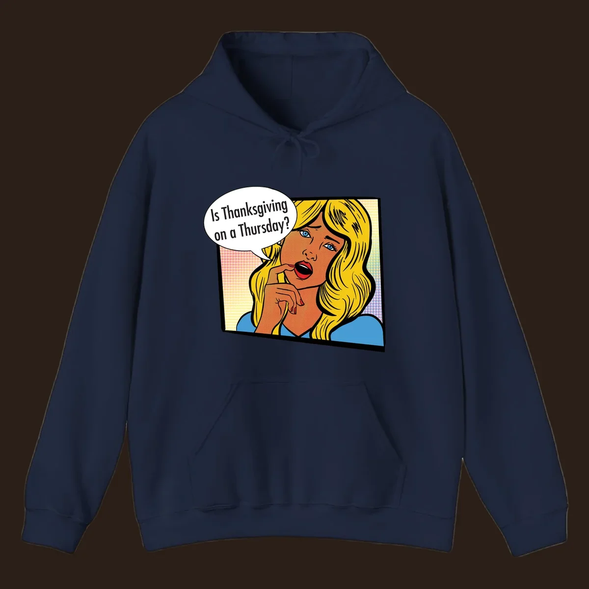 Pop art comic style woman asking 'Is Thanksgiving on a Thursday?'