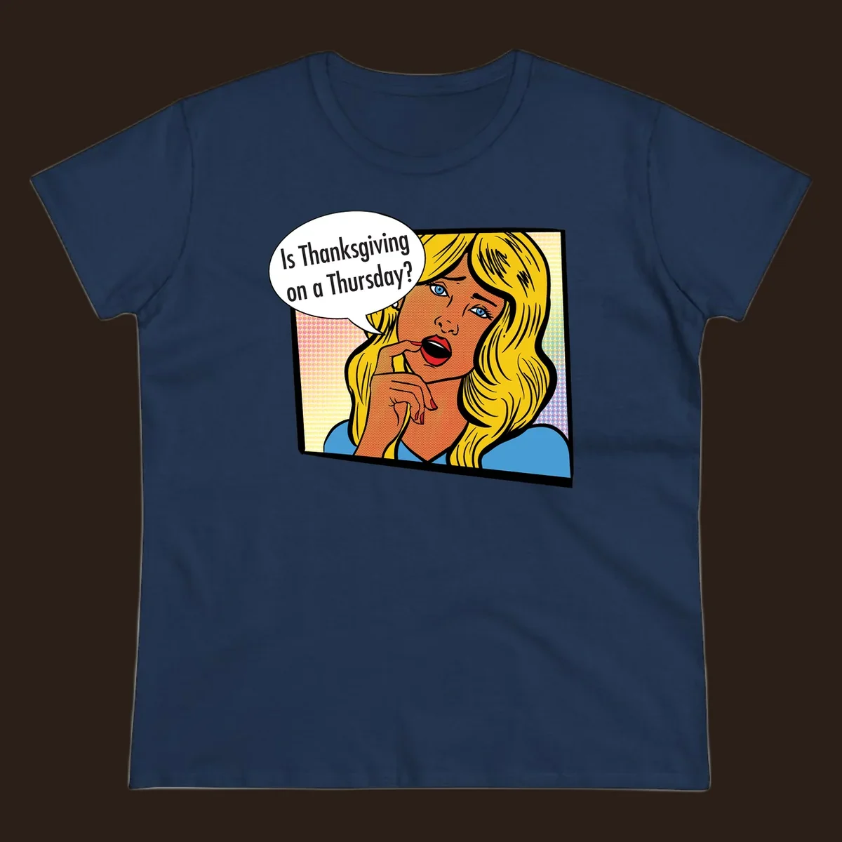 Pop art comic style woman asking 'Is Thanksgiving on a Thursday?'