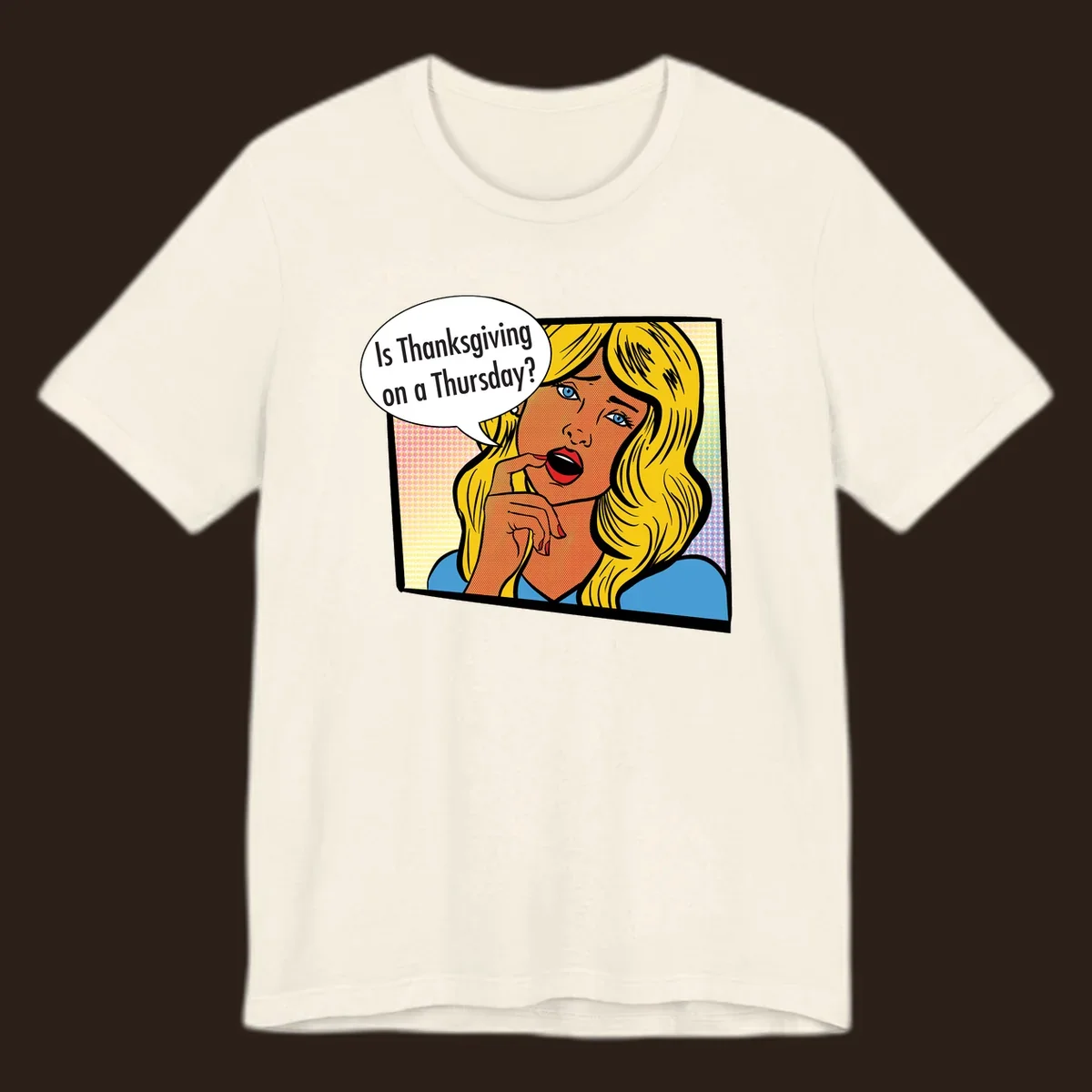 Pop art comic style woman asking 'Is Thanksgiving on a Thursday?'