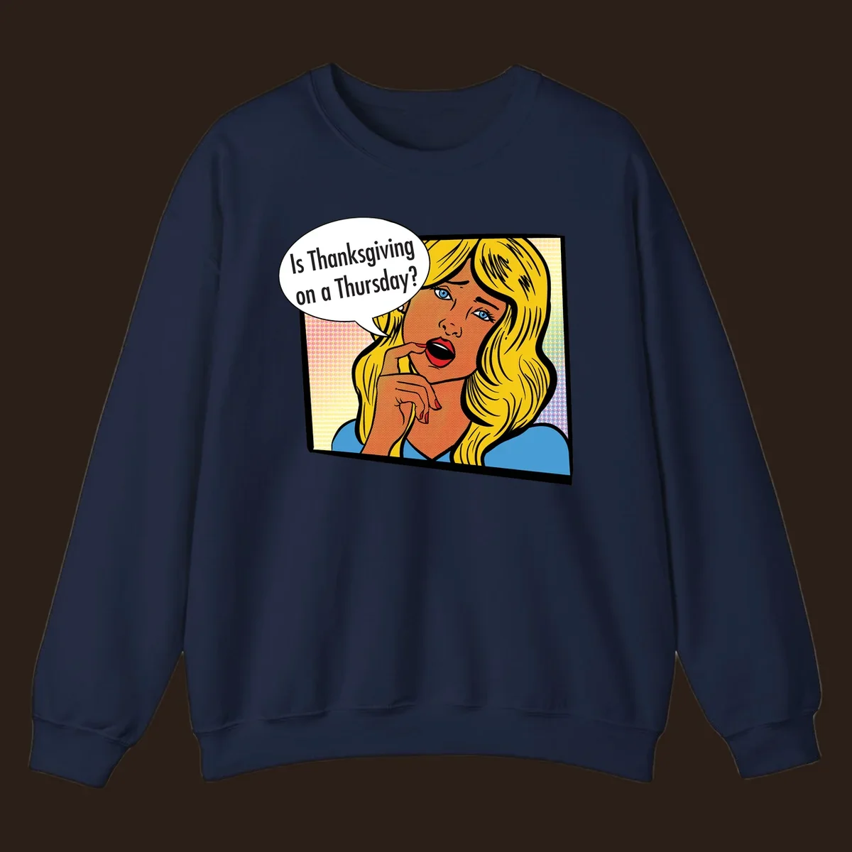 Pop art comic style woman asking 'Is Thanksgiving on a Thursday?'
