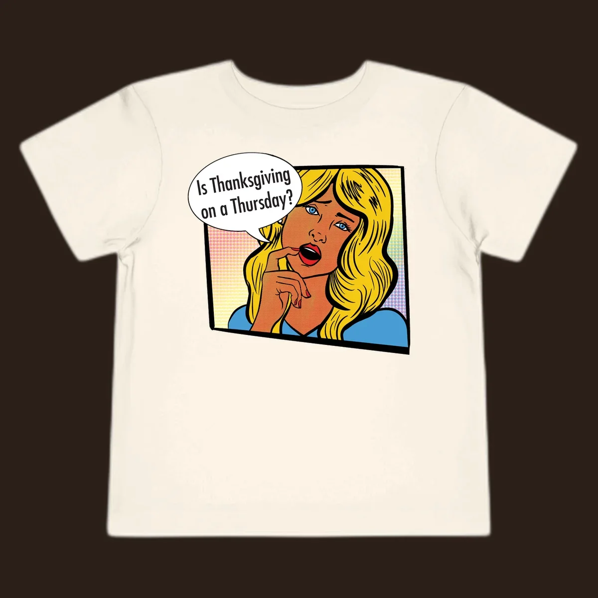 Pop art comic style woman asking 'Is Thanksgiving on a Thursday?'