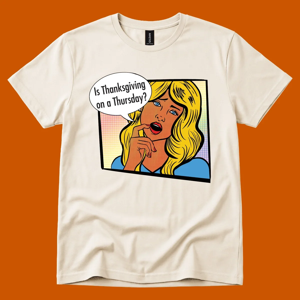 Pop art comic style woman asking 'Is Thanksgiving on a Thursday?'