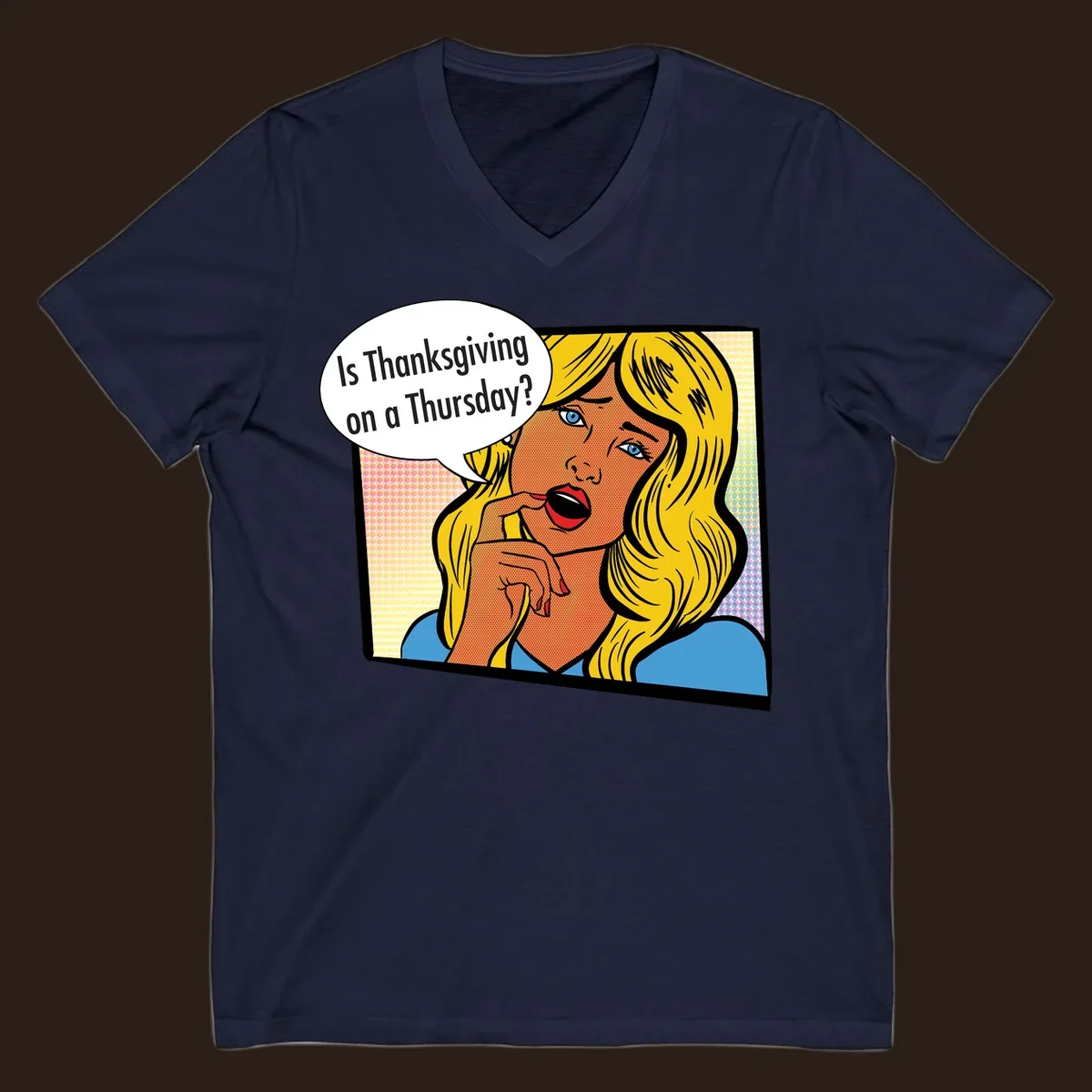 Pop art comic style woman asking 'Is Thanksgiving on a Thursday?'