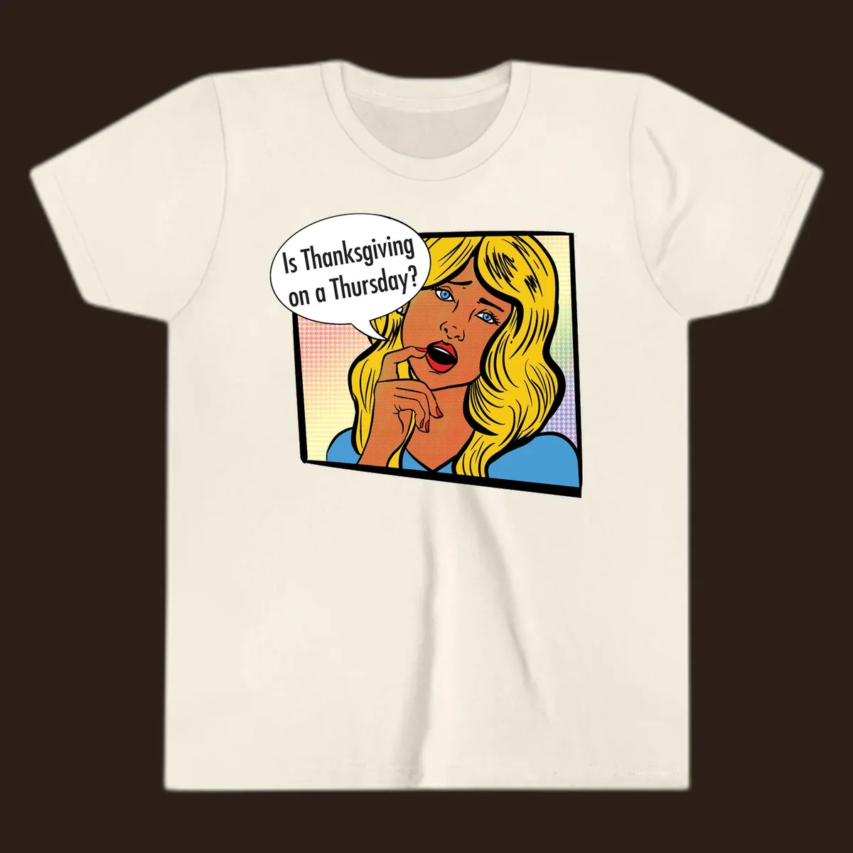 Pop art comic style woman asking 'Is Thanksgiving on a Thursday?'