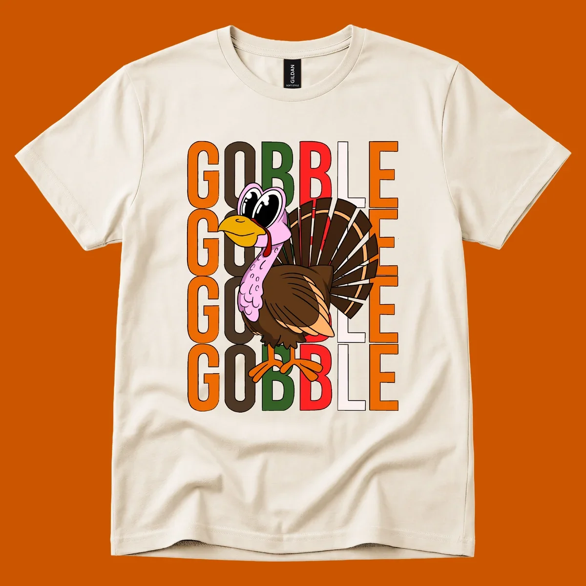 Gobble Thanksgiving turkey illustration with repeating text.