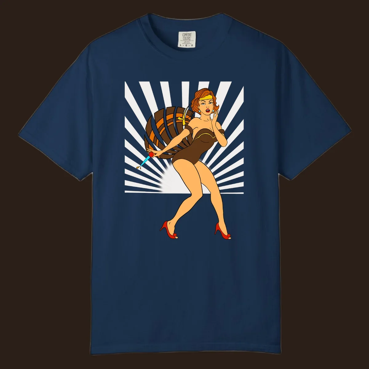 Vintage pin-up girl with barrel and dagger illustration.