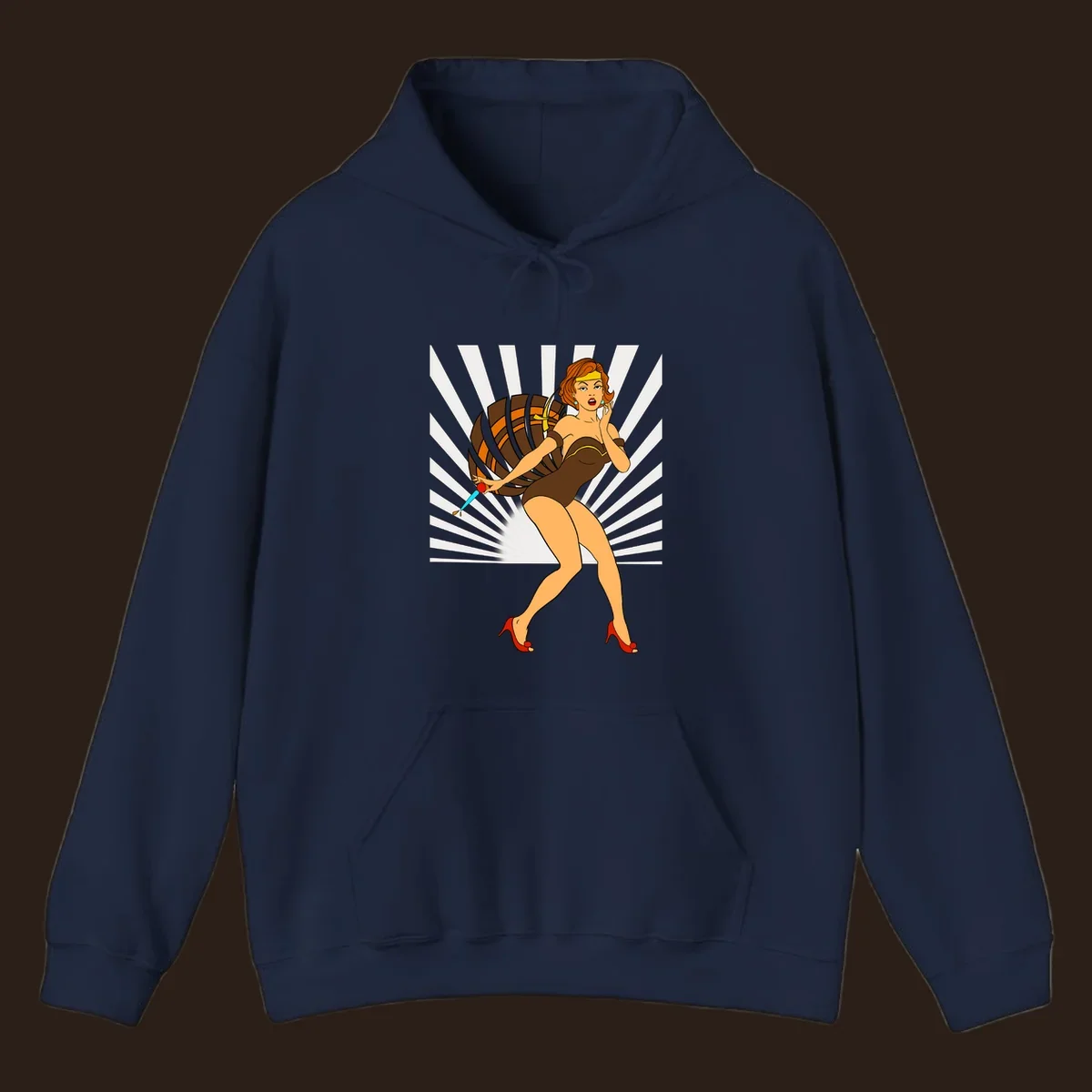 Vintage pin-up girl with barrel and dagger illustration.