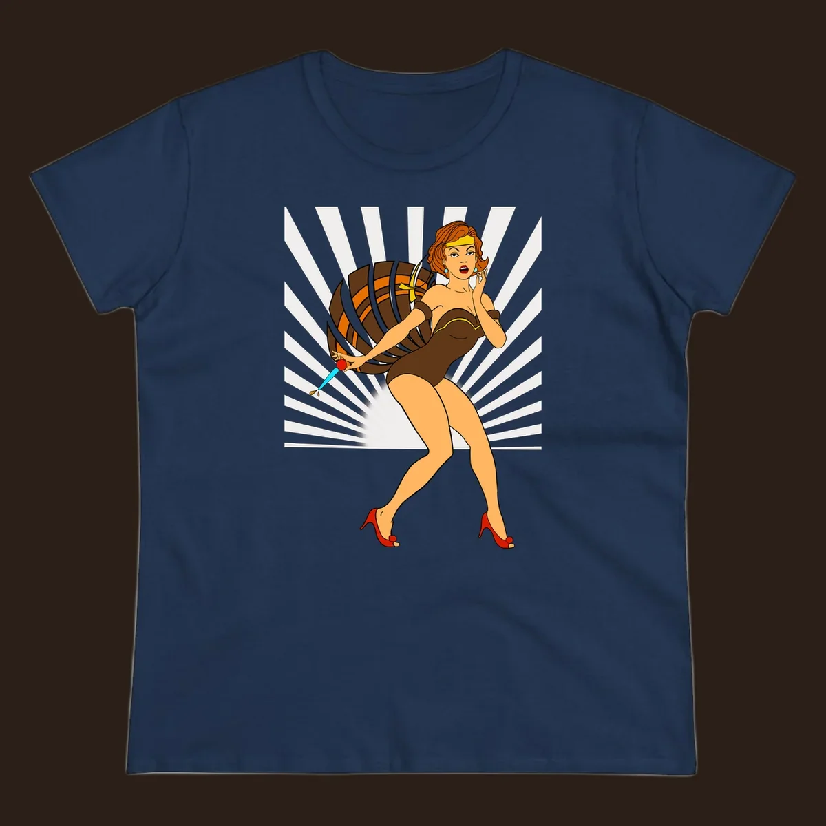 Vintage pin-up girl with barrel and dagger illustration.