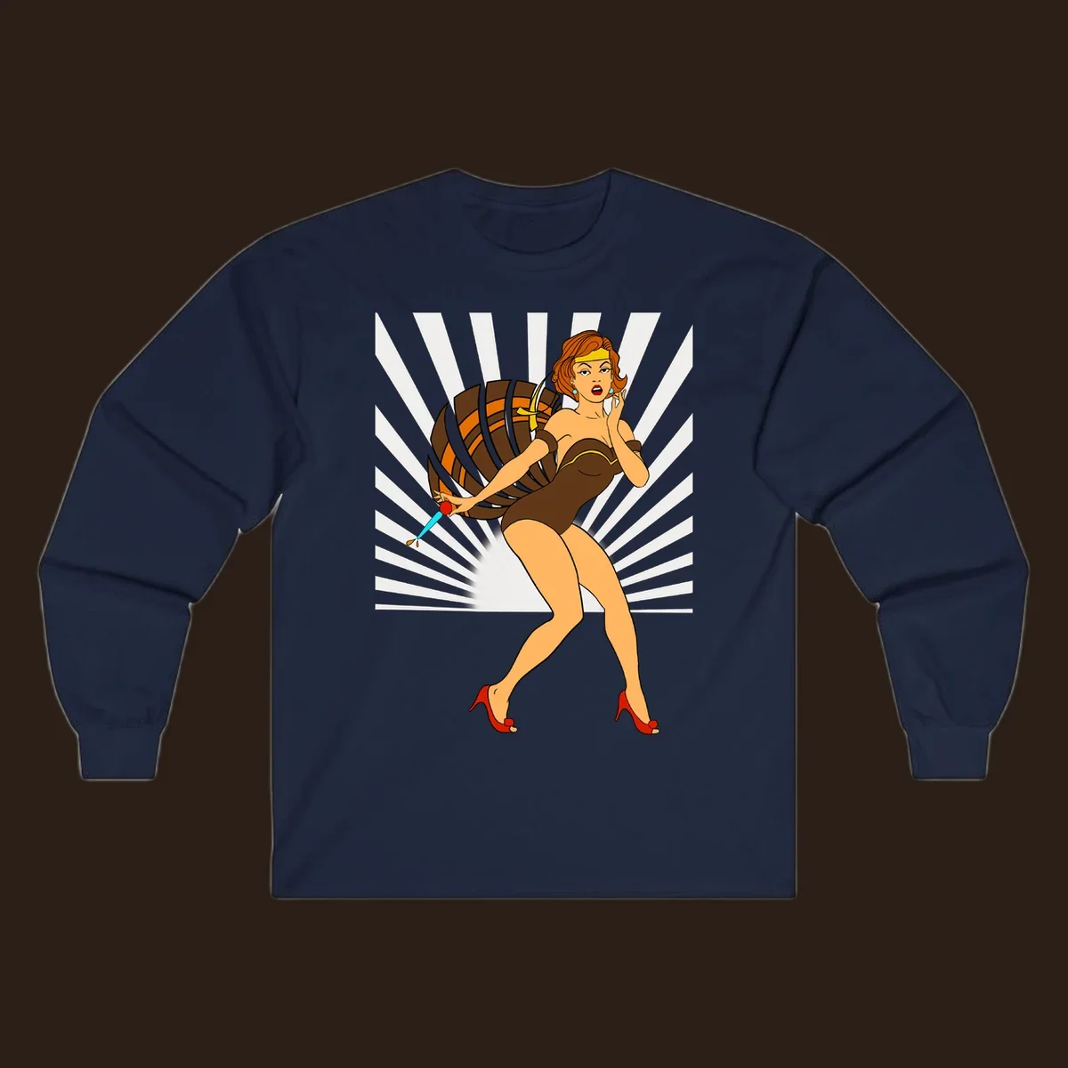 Vintage pin-up girl with barrel and dagger illustration.