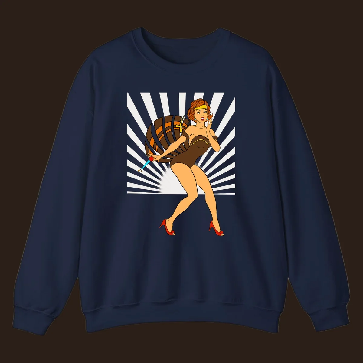 Vintage pin-up girl with barrel and dagger illustration.