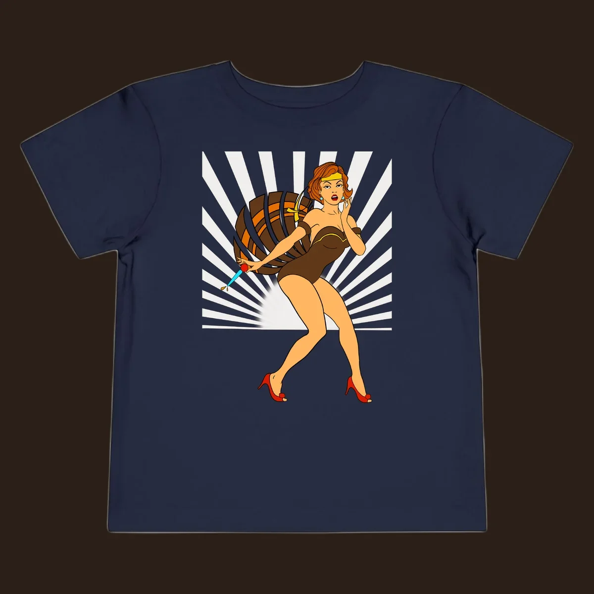 Vintage pin-up girl with barrel and dagger illustration.