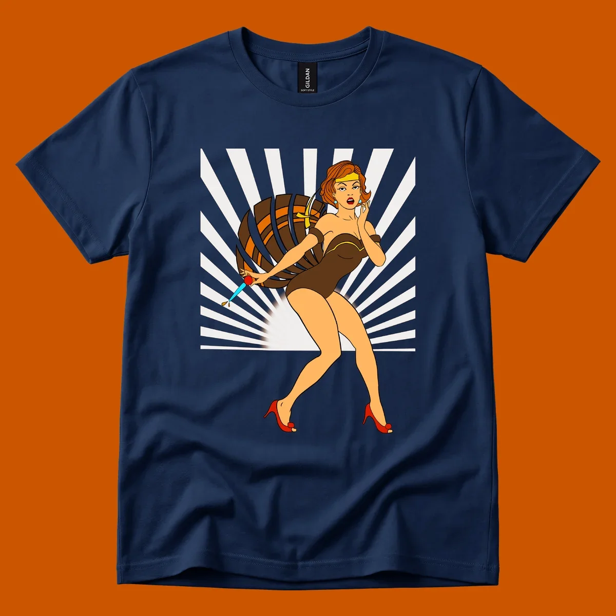 Vintage pin-up girl with barrel and dagger illustration.