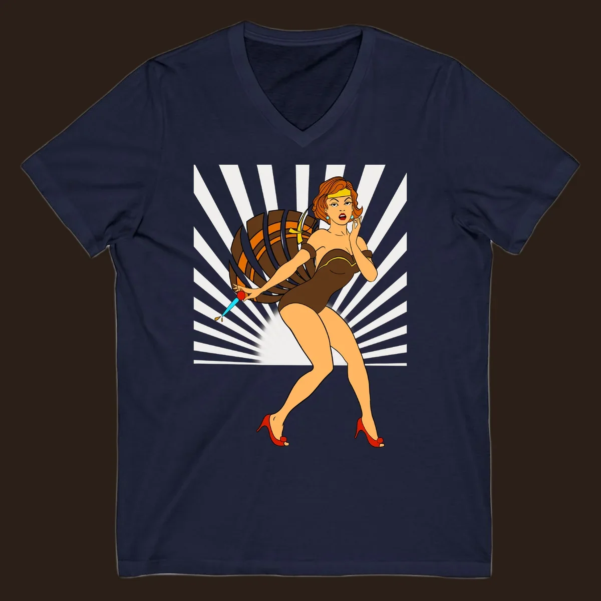 Vintage pin-up girl with barrel and dagger illustration.
