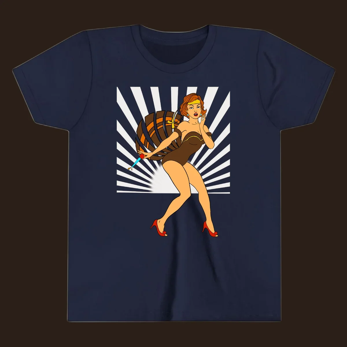 Vintage pin-up girl with barrel and dagger illustration.
