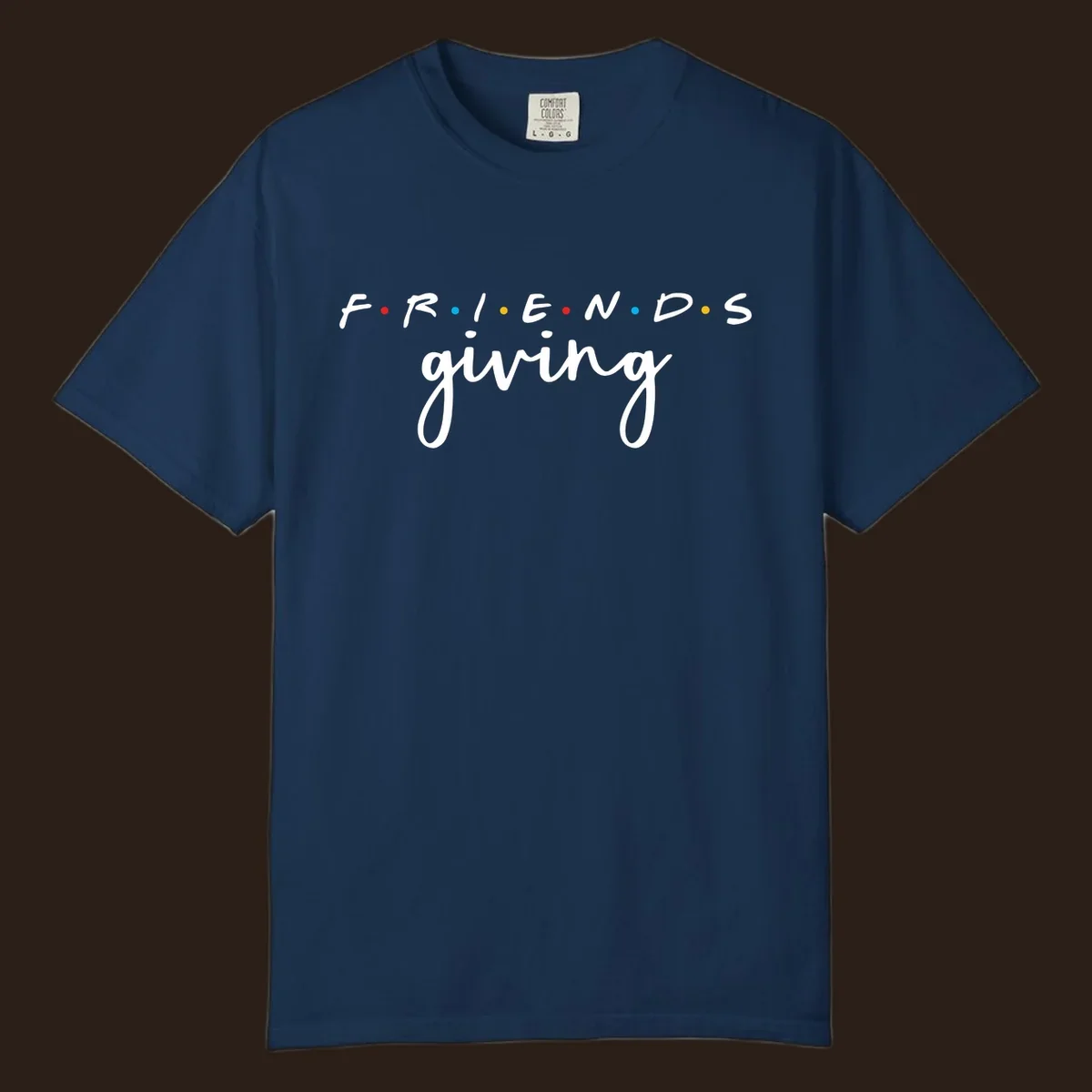 Friendsgiving typography design with the word FRIENDS in the iconic TV show font and giving in a script font.