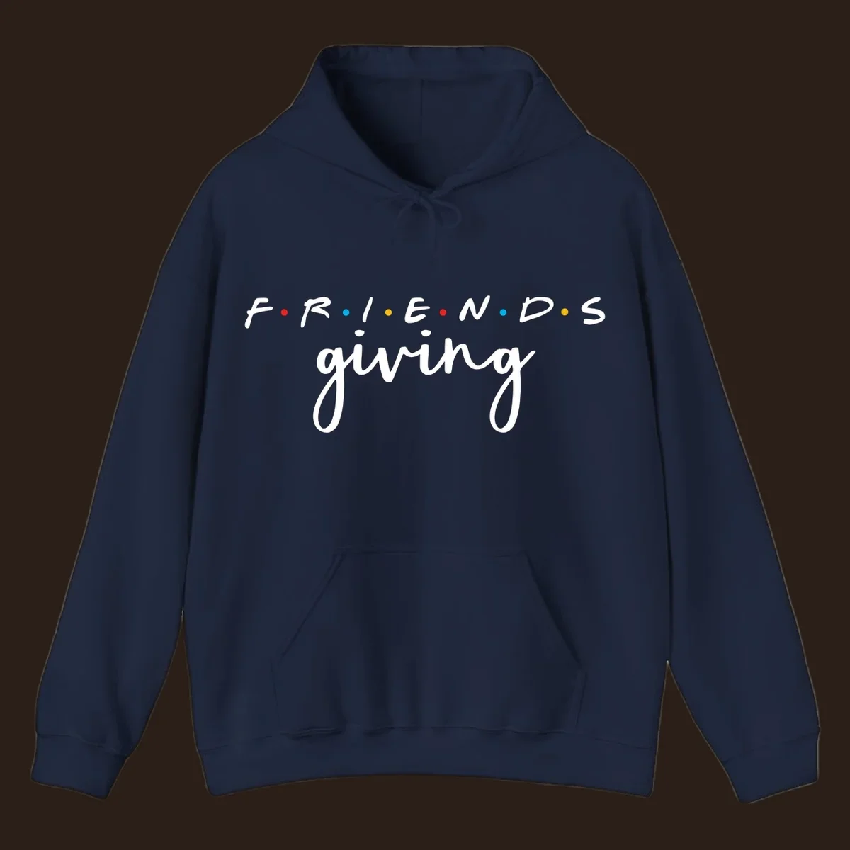Friendsgiving typography design with the word FRIENDS in the iconic TV show font and giving in a script font.