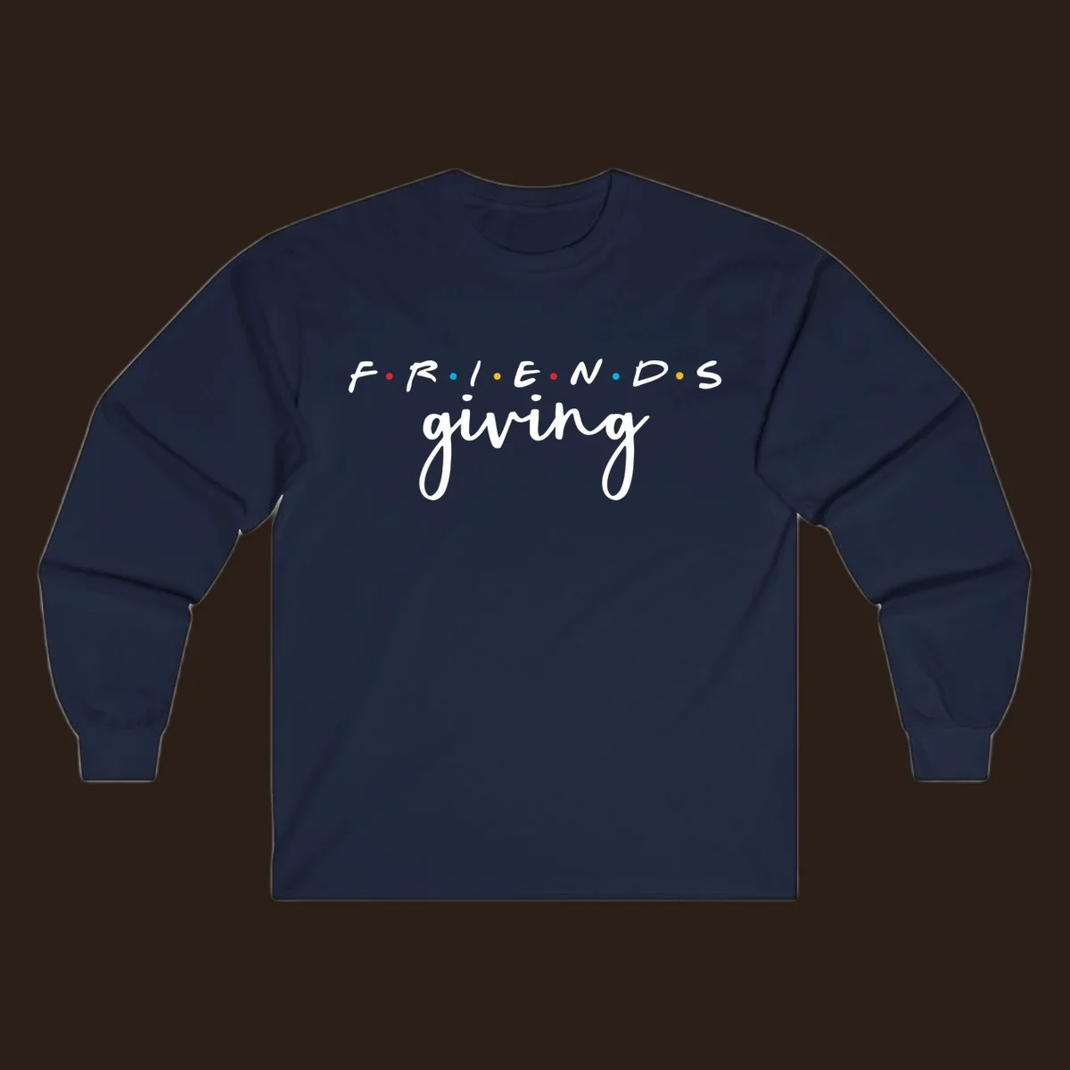 Friendsgiving typography design with the word FRIENDS in the iconic TV show font and giving in a script font.