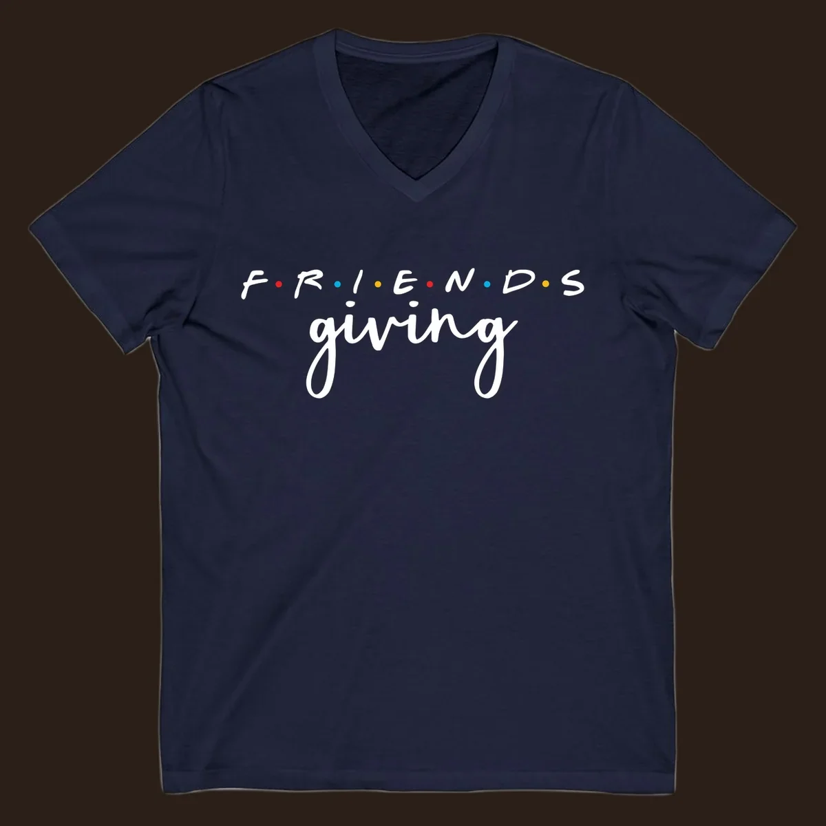 Friendsgiving typography design with the word FRIENDS in the iconic TV show font and giving in a script font.