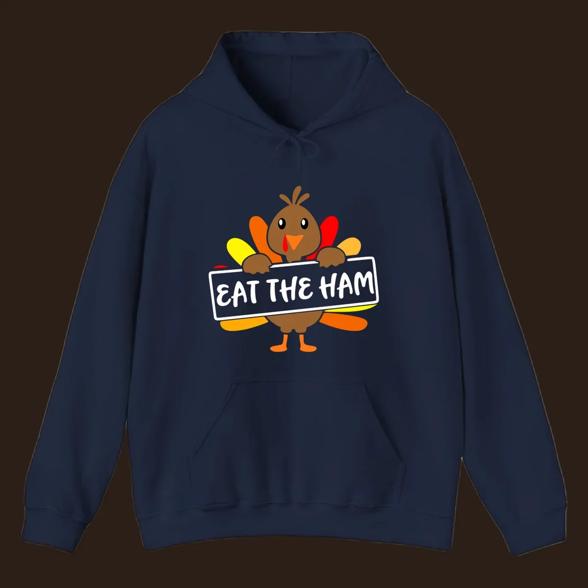 Cartoon turkey holding a sign that says EAT THE HAM, thanksgiving holiday.