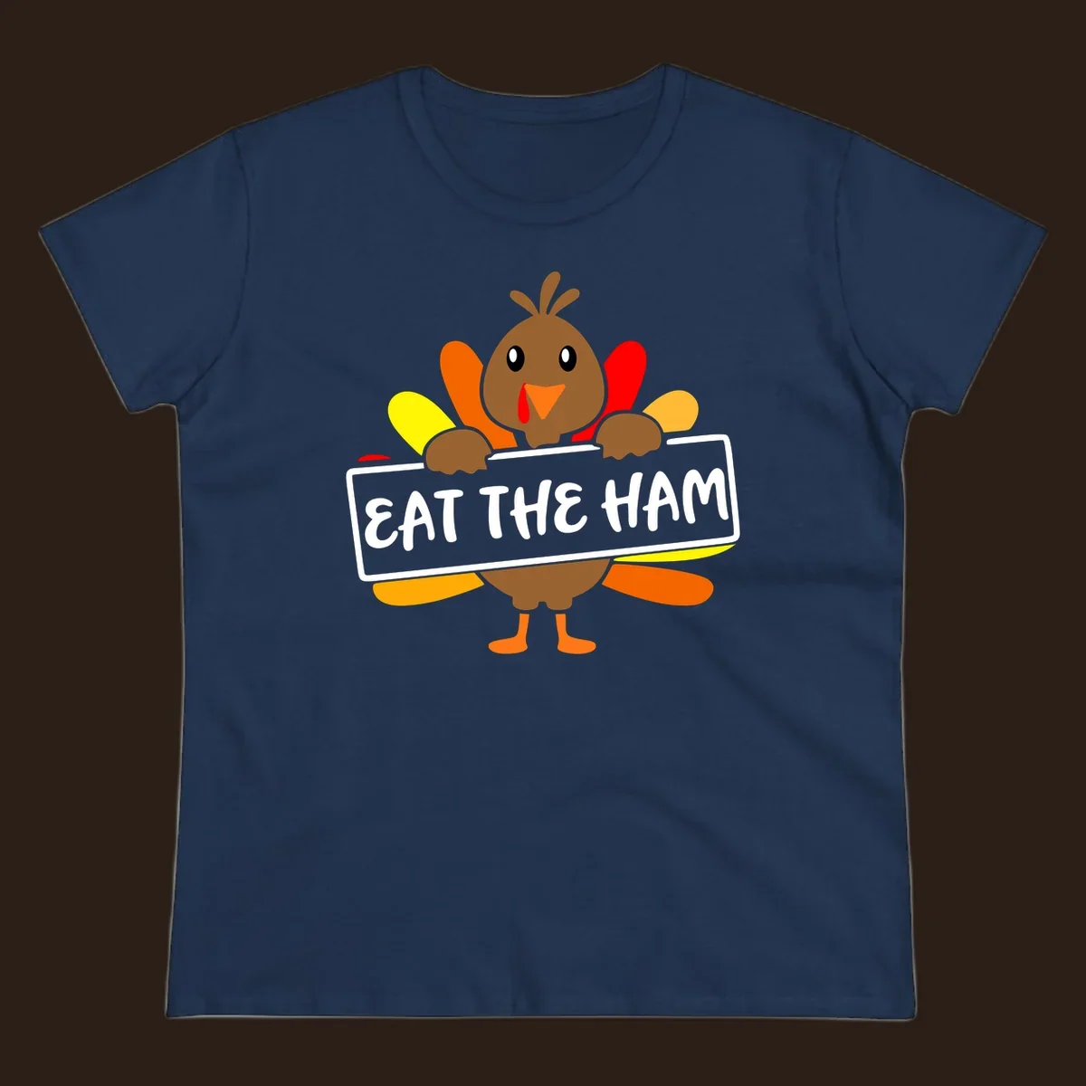 Cartoon turkey holding a sign that says EAT THE HAM, thanksgiving holiday.