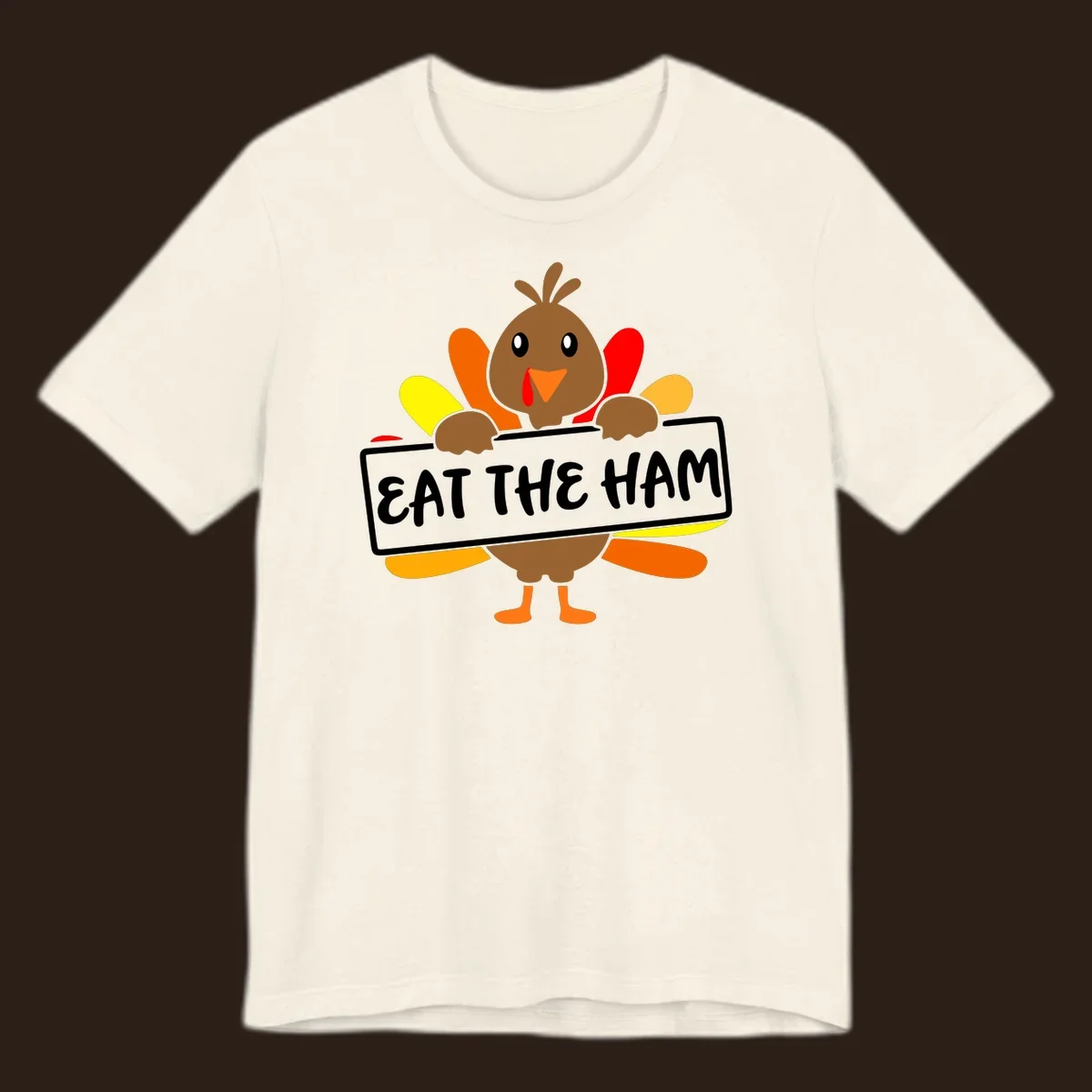 Cartoon turkey holding a sign that says EAT THE HAM, thanksgiving holiday.