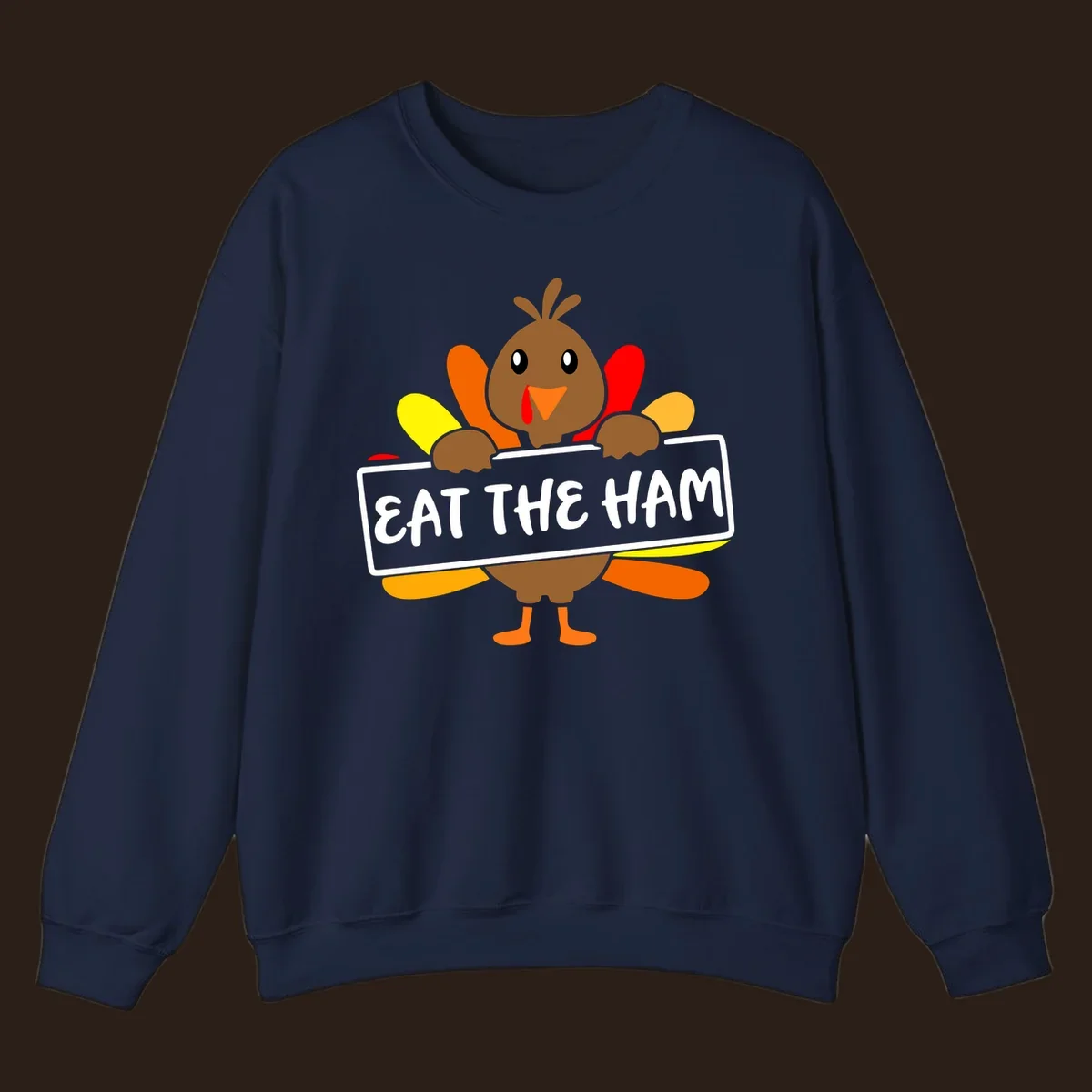 Cartoon turkey holding a sign that says EAT THE HAM, thanksgiving holiday.