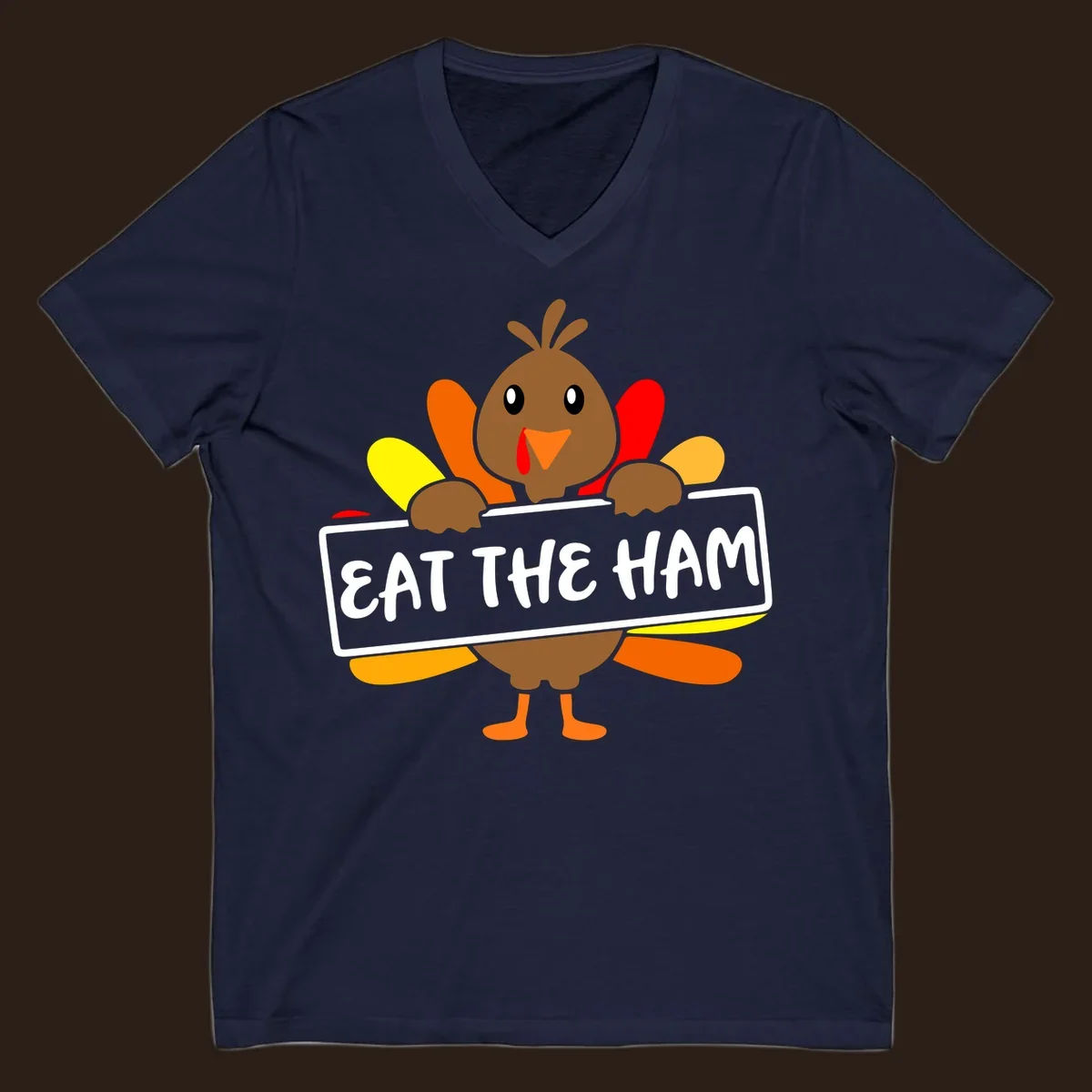 Cartoon turkey holding a sign that says EAT THE HAM, thanksgiving holiday.